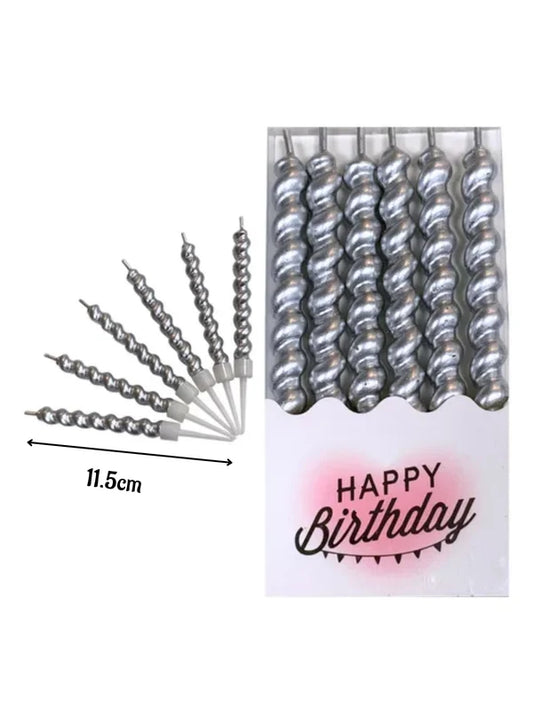Twist Spiral Metallic Candles in Holder (Silver) 6 Pcs - For Party Decoration Cake and Cupcake (SBD-Spiral-Silver) (MOQ 12 SET)