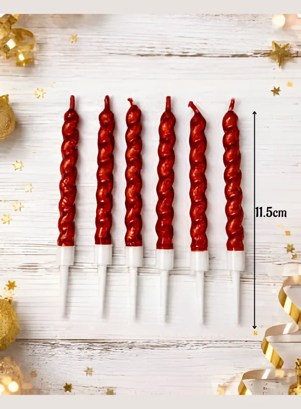 Twist Spiral Metallic Candles in Holder (Red) 6 Pcs - For Party Decoration Cake and Cupcake (SBD-Spiral-Red) (MOQ 12 SET)