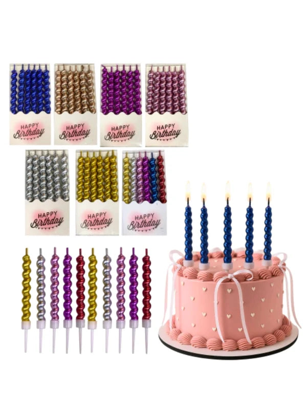 Twist Spiral Metallic Candles in Holder (Pink) 6 Pcs - For Party Decoration Cake and Cupcake (SBD-Spiral-Pink) (MOQ 12 SETS)