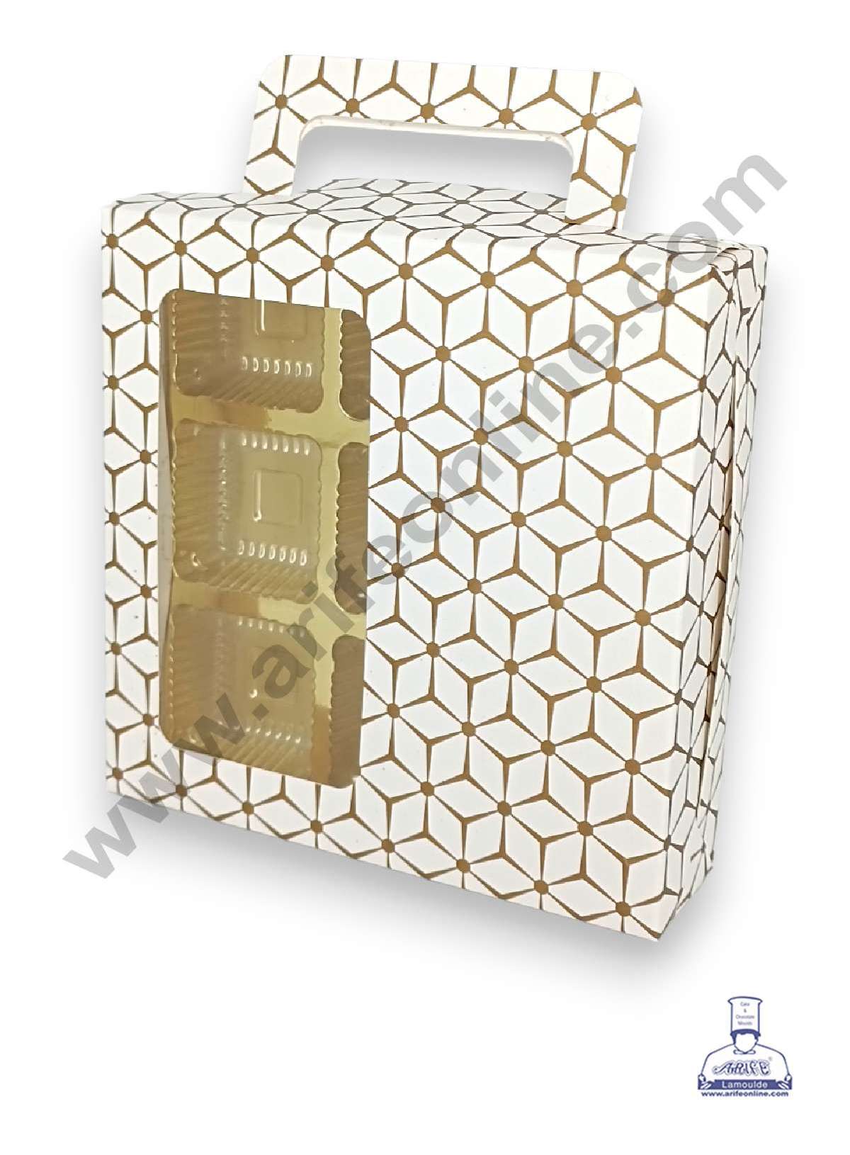 9 Cavity 3D Cube Print Chocolate Box with Cavity, Clear Window & Handle ( 10 Piece Pack ) - White (MOQ 12 PCK) (ARD)