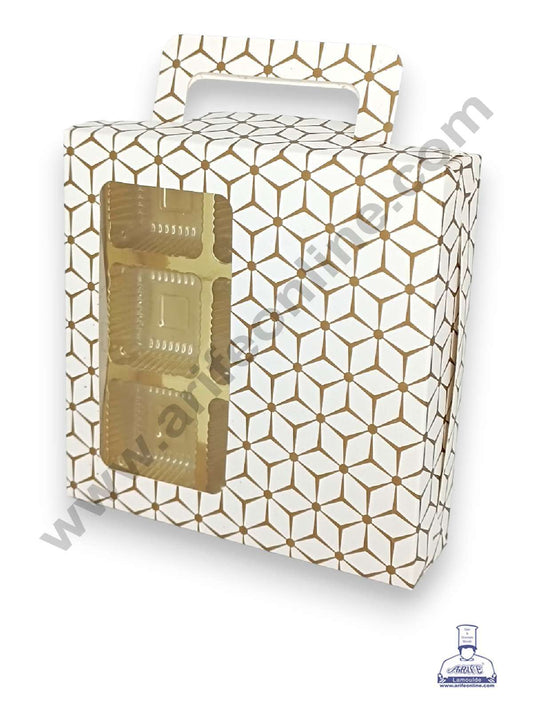 9 Cavity 3D Cube Print Chocolate Box with Cavity, Clear Window & Handle ( 10 Piece Pack ) - White (MOQ 12 PCK) (ARD)