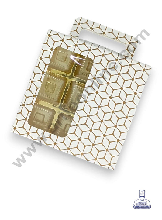 9 Cavity 3D Cube Print Chocolate Box with Cavity, Clear Window & Handle ( 10 Piece Pack ) - White (MOQ 12 PCK) (ARD)