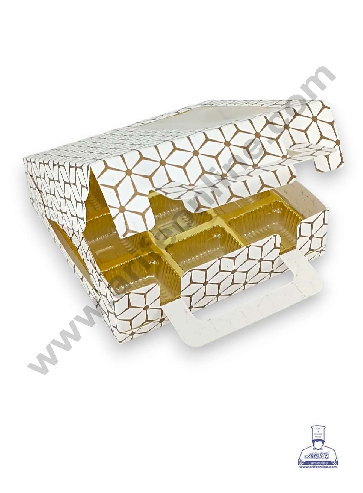 9 Cavity 3D Cube Print Chocolate Box with Cavity, Clear Window & Handle ( 10 Piece Pack ) - White (MOQ 12 PCK) (ARD)