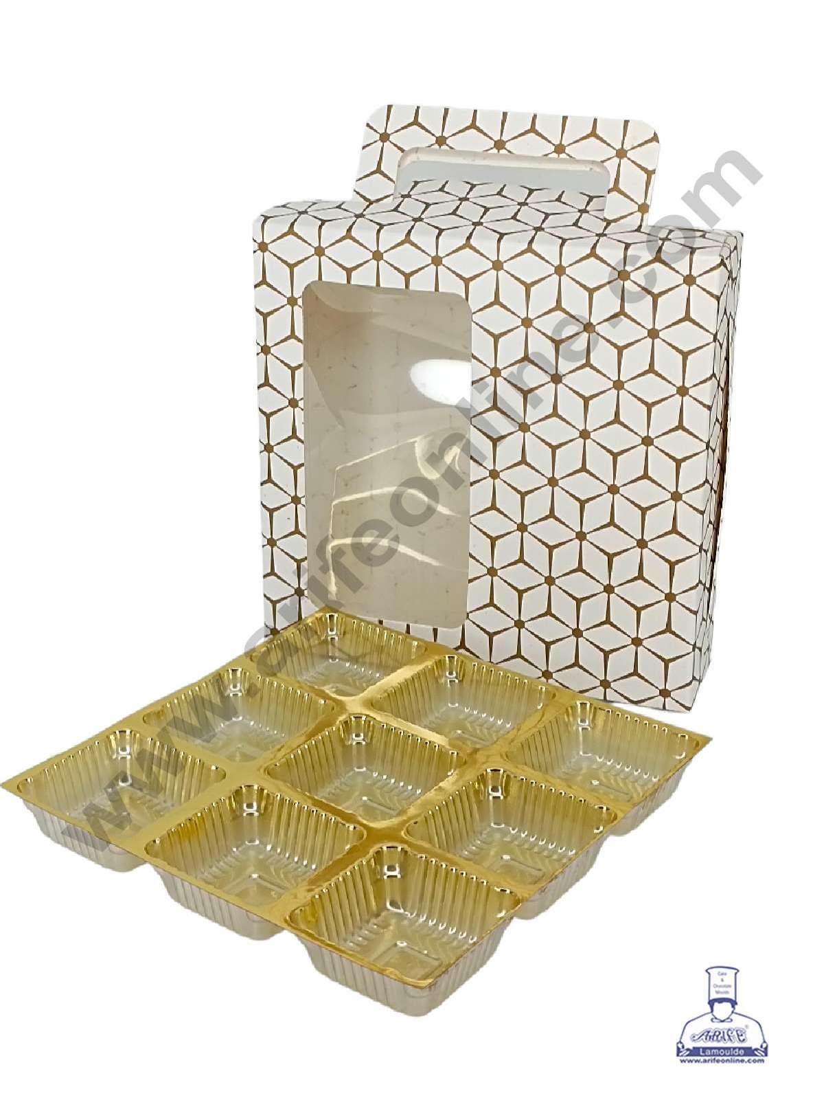 9 Cavity 3D Cube Print Chocolate Box with Cavity, Clear Window & Handle ( 10 Piece Pack ) - White (MOQ 12 PCK) (ARD)