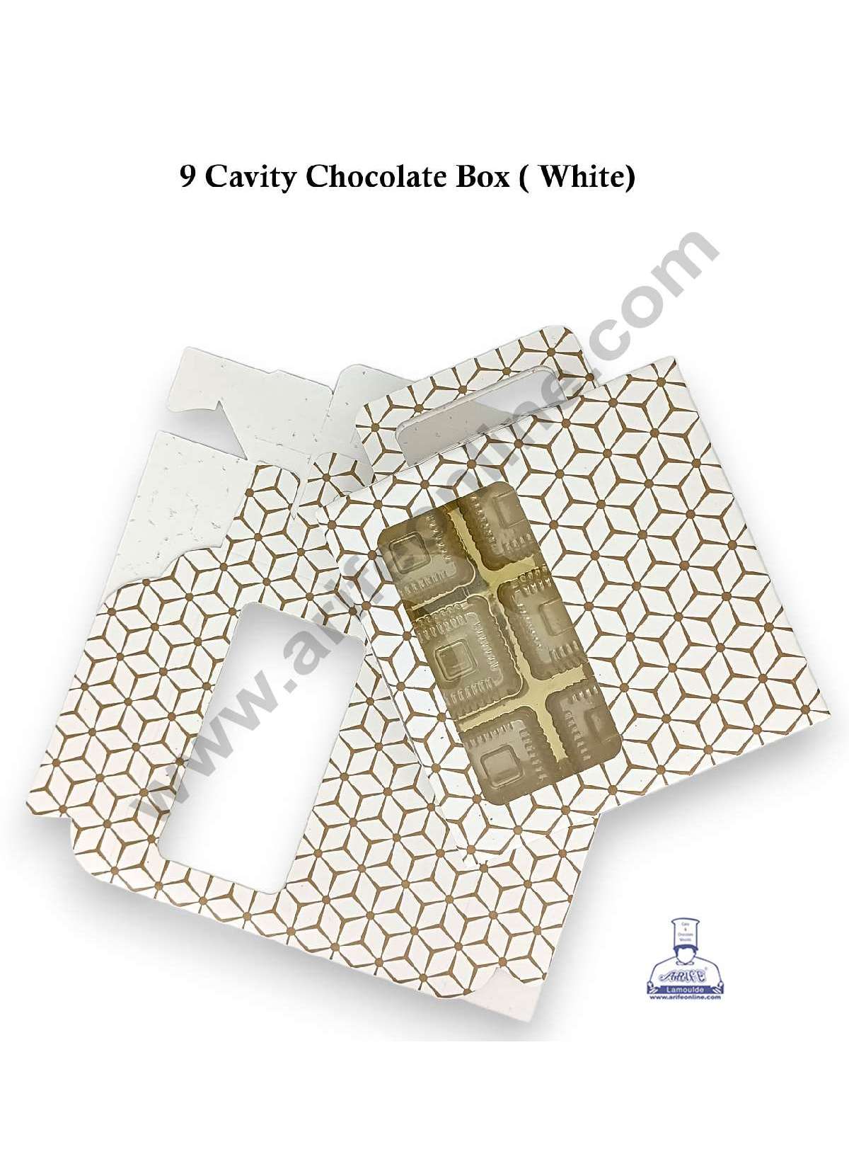 9 Cavity 3D Cube Print Chocolate Box with Cavity, Clear Window & Handle ( 10 Piece Pack ) - White (MOQ 12 PCK) (ARD)