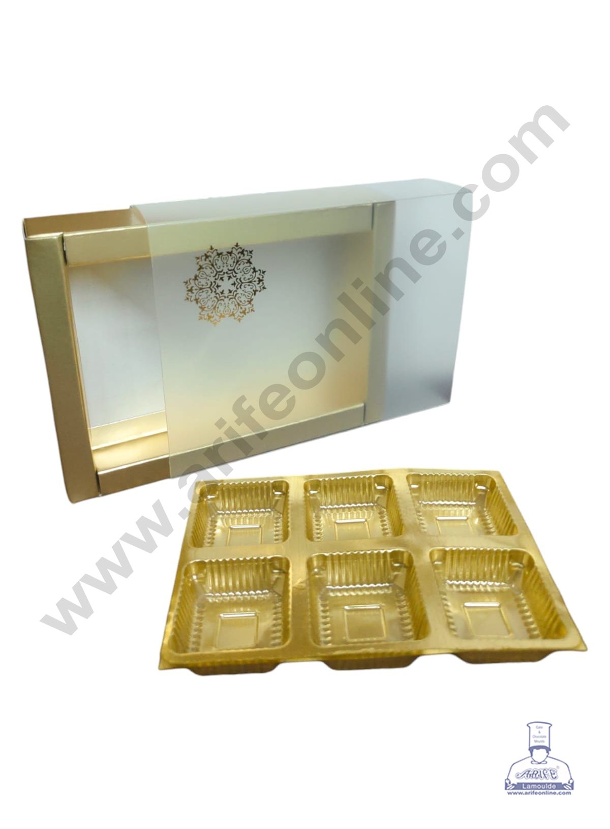 6 Cavity Chocolate Box with Sliding Cover & Cavity ( 10 Piece Pack ) - Gold (MOQ 12 PCS)