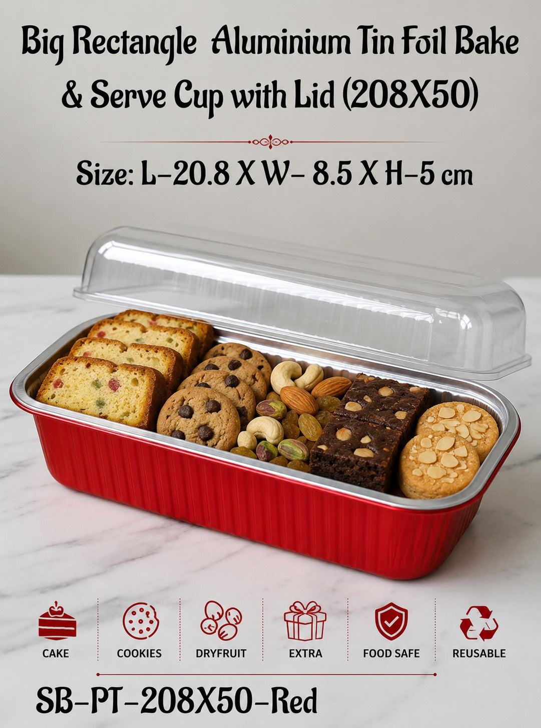 Big Rectangle Aluminium Tin Foil Bake & Serve Cup with Lid | Aluminium Containers | Non-Stick Foil Baking container - Red -  (MOQ 500 PCS) (RU)
