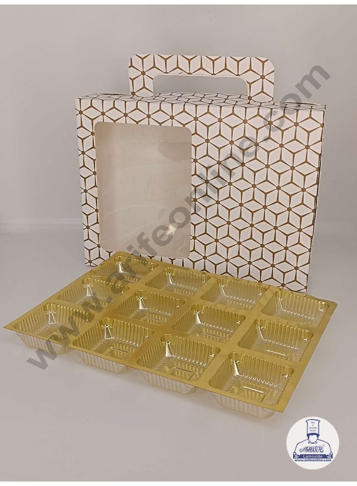 12 Cavity 3D Cube Print Chocolate Box with Cavity, Clear Window & Handle ( 10 Piece Pack ) - White (MOQ 12 PACK) (AED)