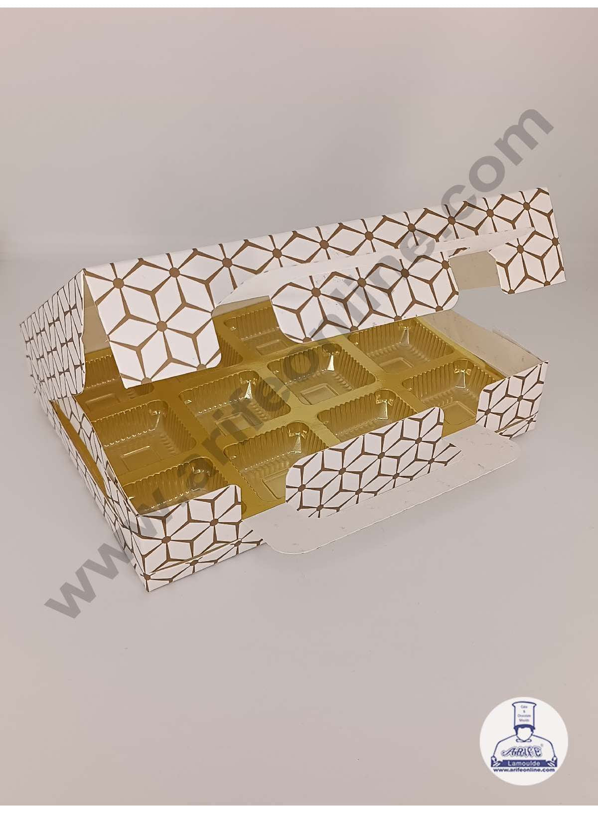 12 Cavity 3D Cube Print Chocolate Box with Cavity, Clear Window & Handle ( 10 Piece Pack ) - White (MOQ 12 PACK) (AED)