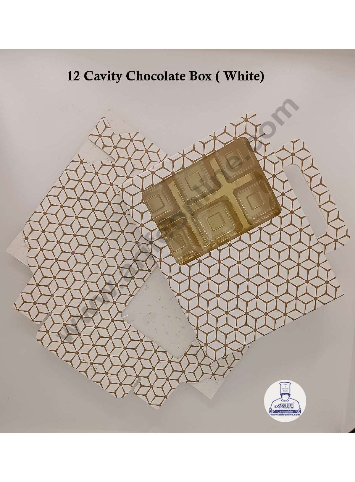 12 Cavity 3D Cube Print Chocolate Box with Cavity, Clear Window & Handle ( 10 Piece Pack ) - White (MOQ 12 PACK) (AED)