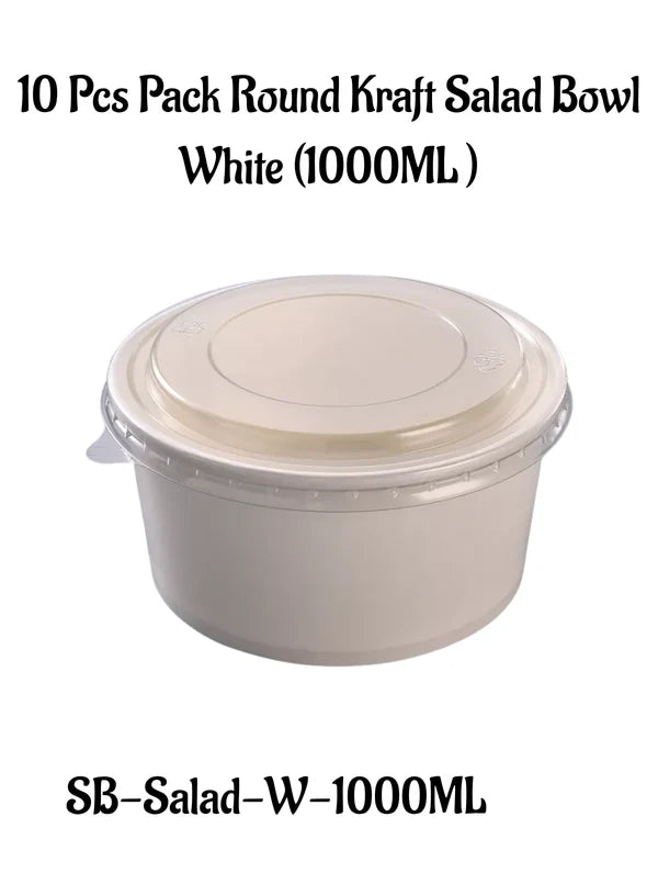 White Paper Round Salad Bowl With Lid (1000ML) | 14 x 7.5 cm | Paper Food Container (10 Pcs Pack) (SB-Salad-W-1000ML) - (MOQ 100 PCS)