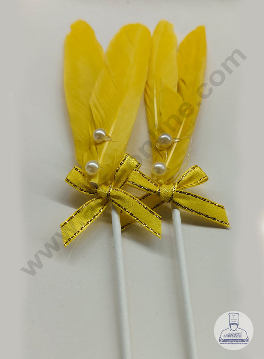 2 Pcs Yellow Shade Feather Topper For Cake Decoration (MOQ 12 PCS) (IE)