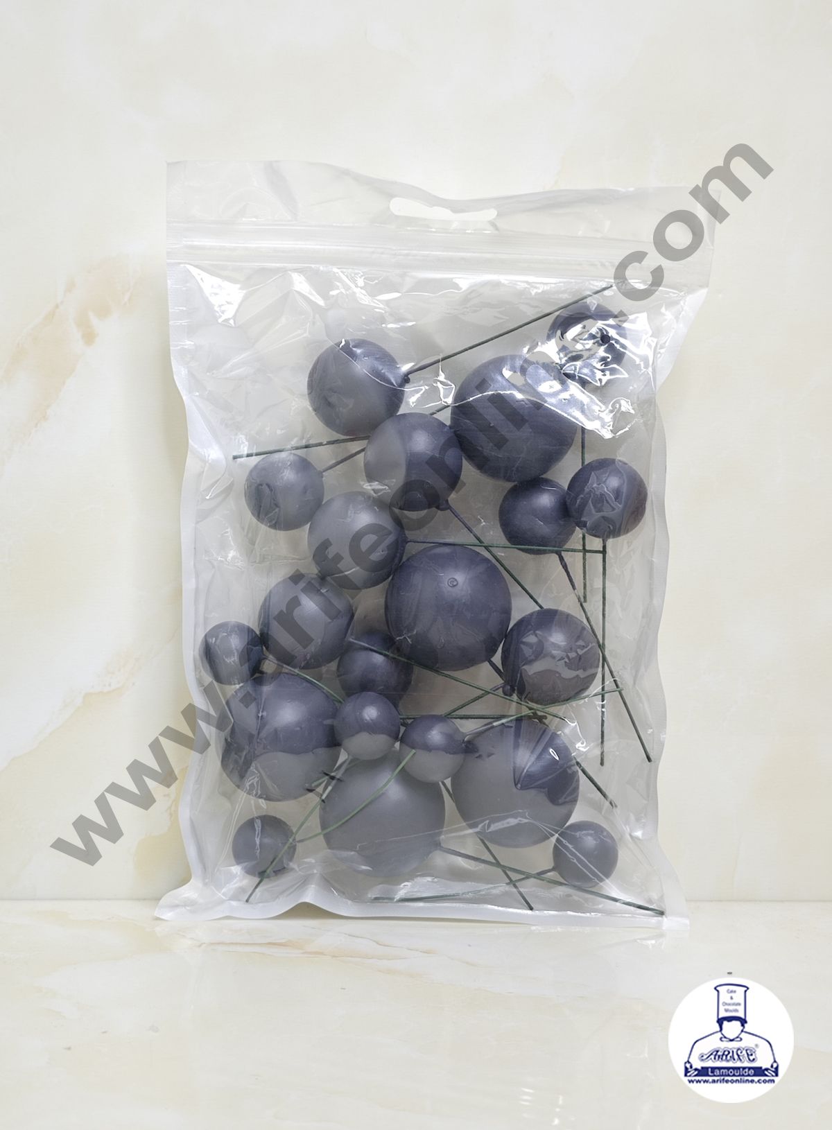 Matte Dark Grey Faux Ball Topper For Cake and Cupcake Decoration - 20 pcs Pack (MOQ 300 PACKET 1 CRTN)  (IM)