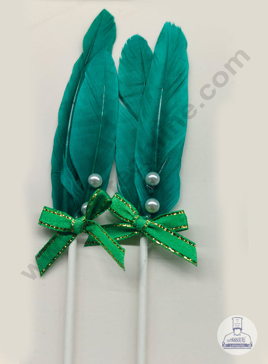 2 Pcs Dark Green Shade Feather Topper For Cake Decoration (MOQ 12 PCS) (IE)