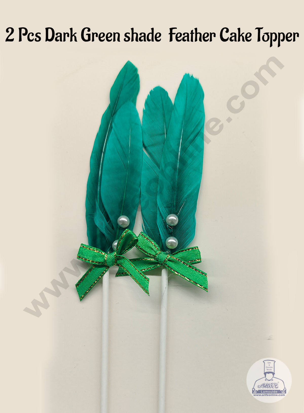 2 Pcs Dark Green Shade Feather Topper For Cake Decoration (MOQ 12 PCS) (IE)