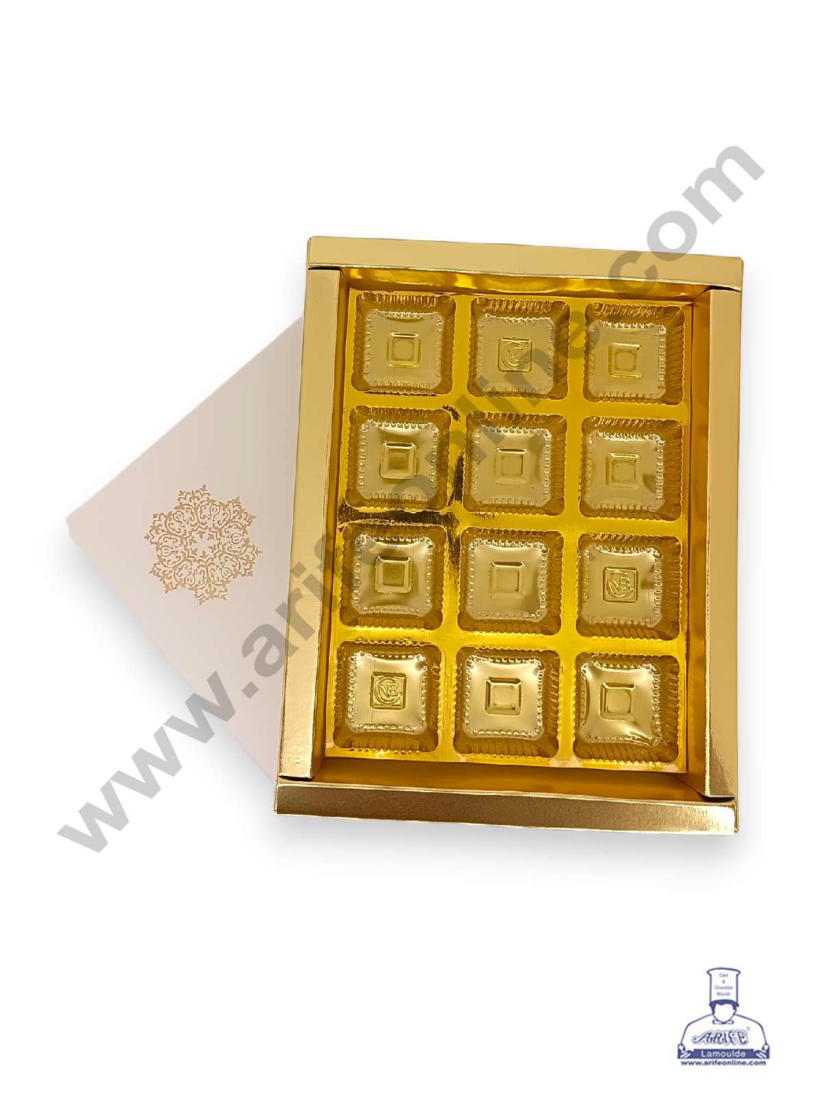 12 Cavity Chocolate Box with Sliding Cover & Cavity ( 10 Piece Pack ) - Gold (MOQ 12 PACK) (RUD)