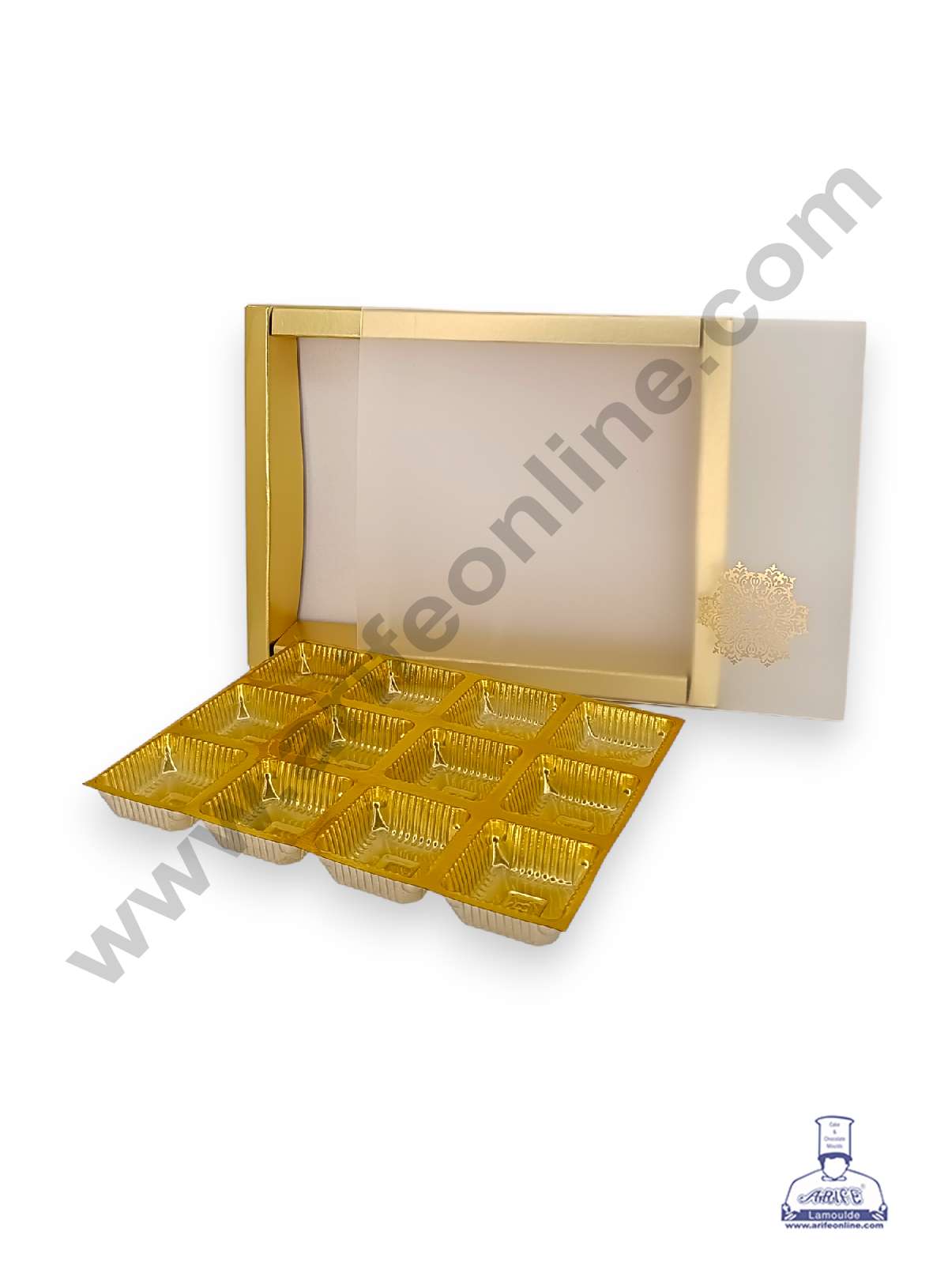 12 Cavity Chocolate Box with Sliding Cover & Cavity ( 10 Piece Pack ) - Gold (MOQ 12 PACK) (RUD)