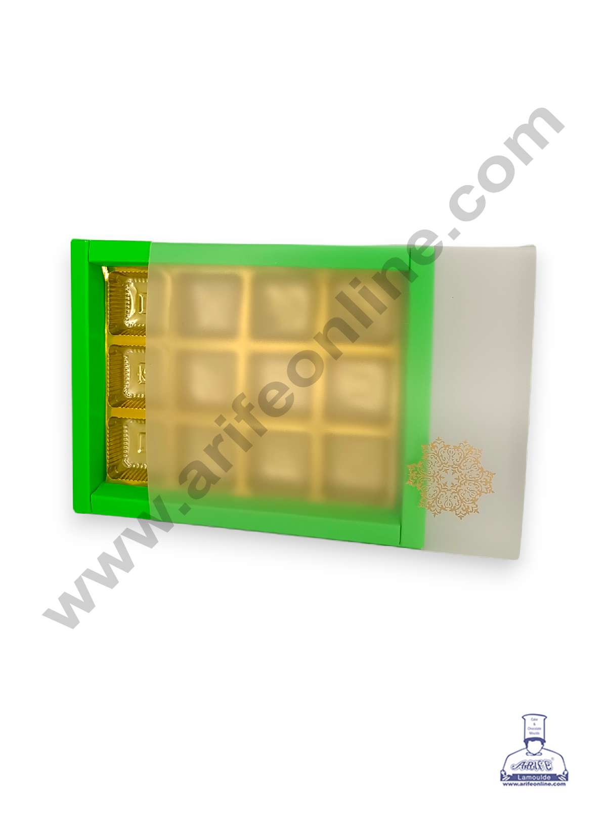 12 Cavity Chocolate Box with Sliding Cover & Cavity ( 10 Piece Pack ) - Green (MOQ 12 PACK) (RUD)