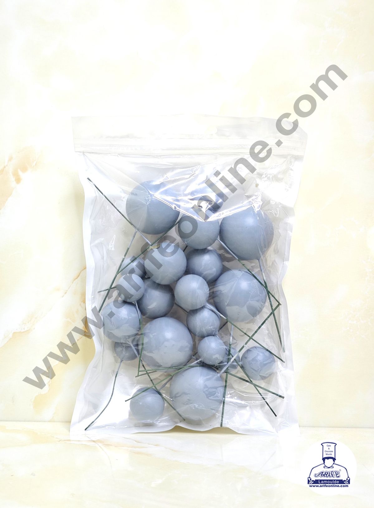Matte Light Grey Faux Ball Topper For Cake and Cupcake Decoration - 20 pcs Pack (MOQ 300 PACKET 1 CRTN) (IM)