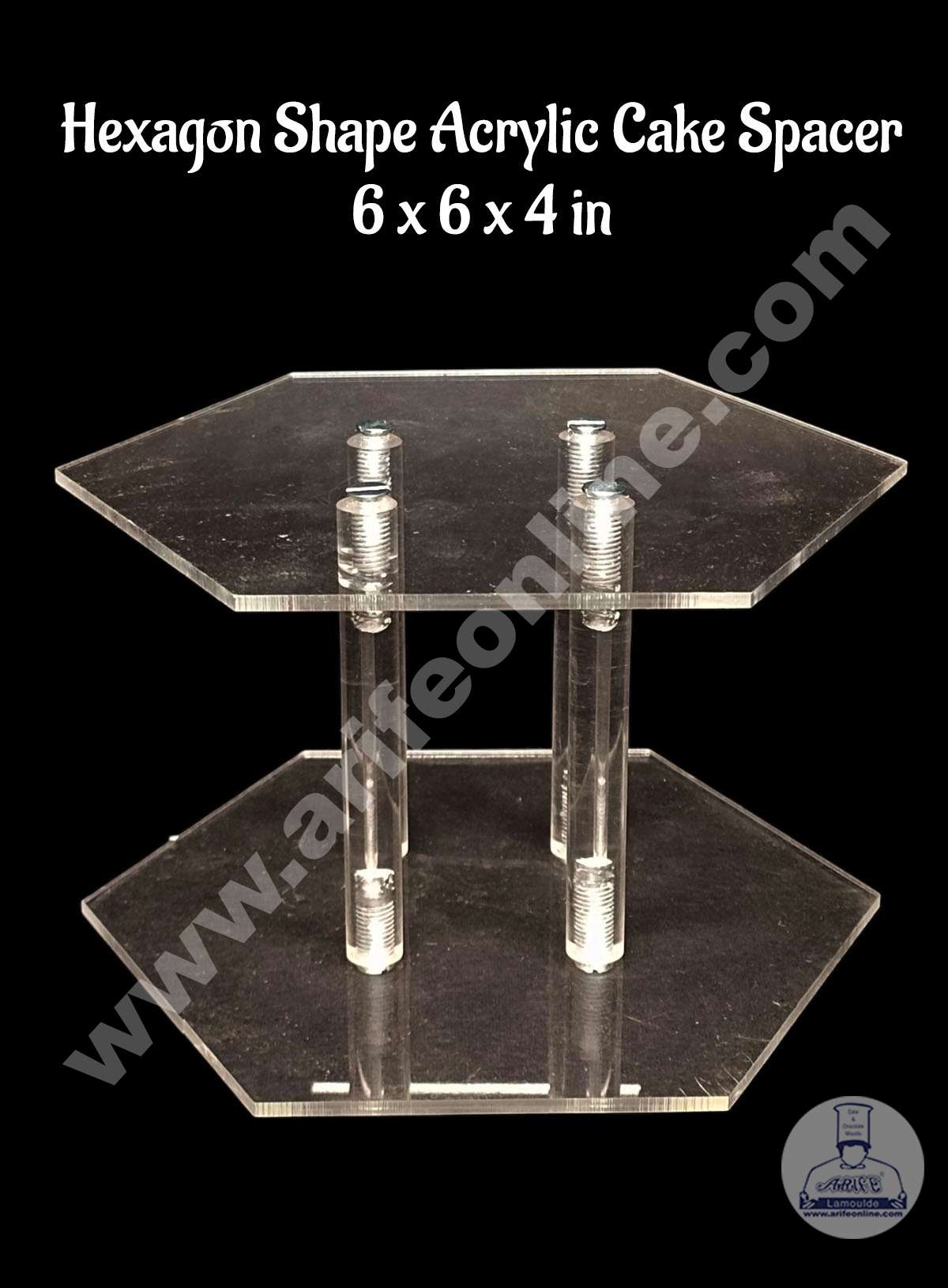 Hexagon Shape Cake Spacer with Rods 6" X 4" Acrylic Clear Cake Display Spacer (MOQ 12 PCS)