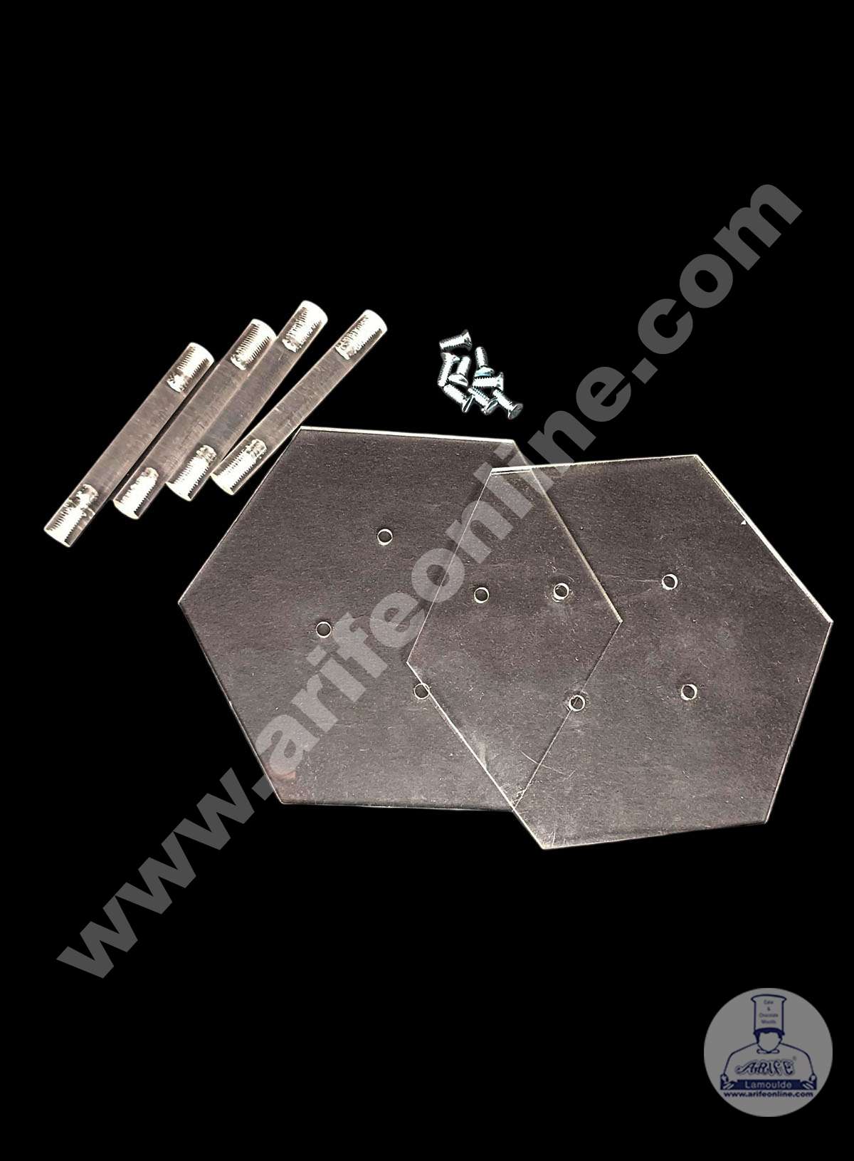 Hexagon Shape Cake Spacer with Rods 6" X 4" Acrylic Clear Cake Display Spacer (MOQ 12 PCS)