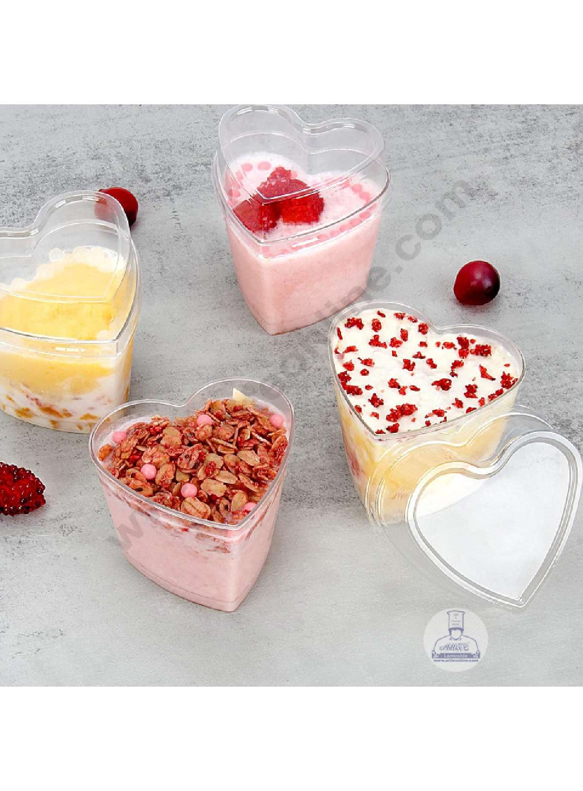 Heart-Shaped Transparent Mousse Cups with Lids | Pudding Jars & Mini Parfait Cups – Large Size (MOQ 500 PCS) (AA)
