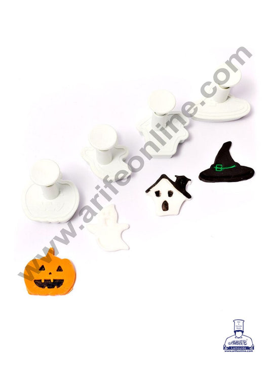 4 Piece Halloween Theme Plastic Cutter | Fondant Cutter Plunger Halloween Ghost Pumpkin Witch Hat Haunted House