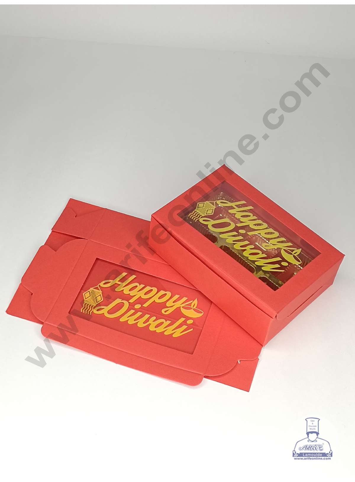 6 Cavity Orange Chocolate Box with Happy Diwali Print on Clear Window & Cavity ( 10 Piece Pack ) - Orange (MOQ 12 PACK) (OD)