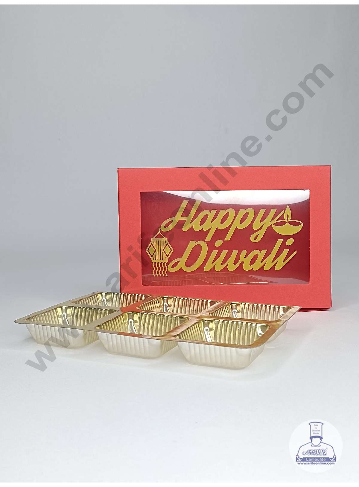6 Cavity Orange Chocolate Box with Happy Diwali Print on Clear Window & Cavity ( 10 Piece Pack ) - Orange (MOQ 12 PACK) (OD)