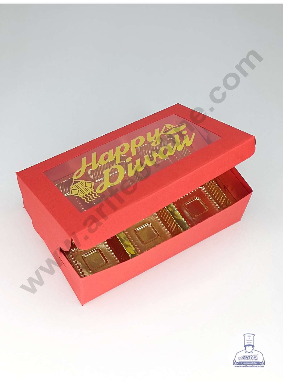 6 Cavity Orange Chocolate Box with Happy Diwali Print on Clear Window & Cavity ( 10 Piece Pack ) - Orange (MOQ 12 PACK) (OD)
