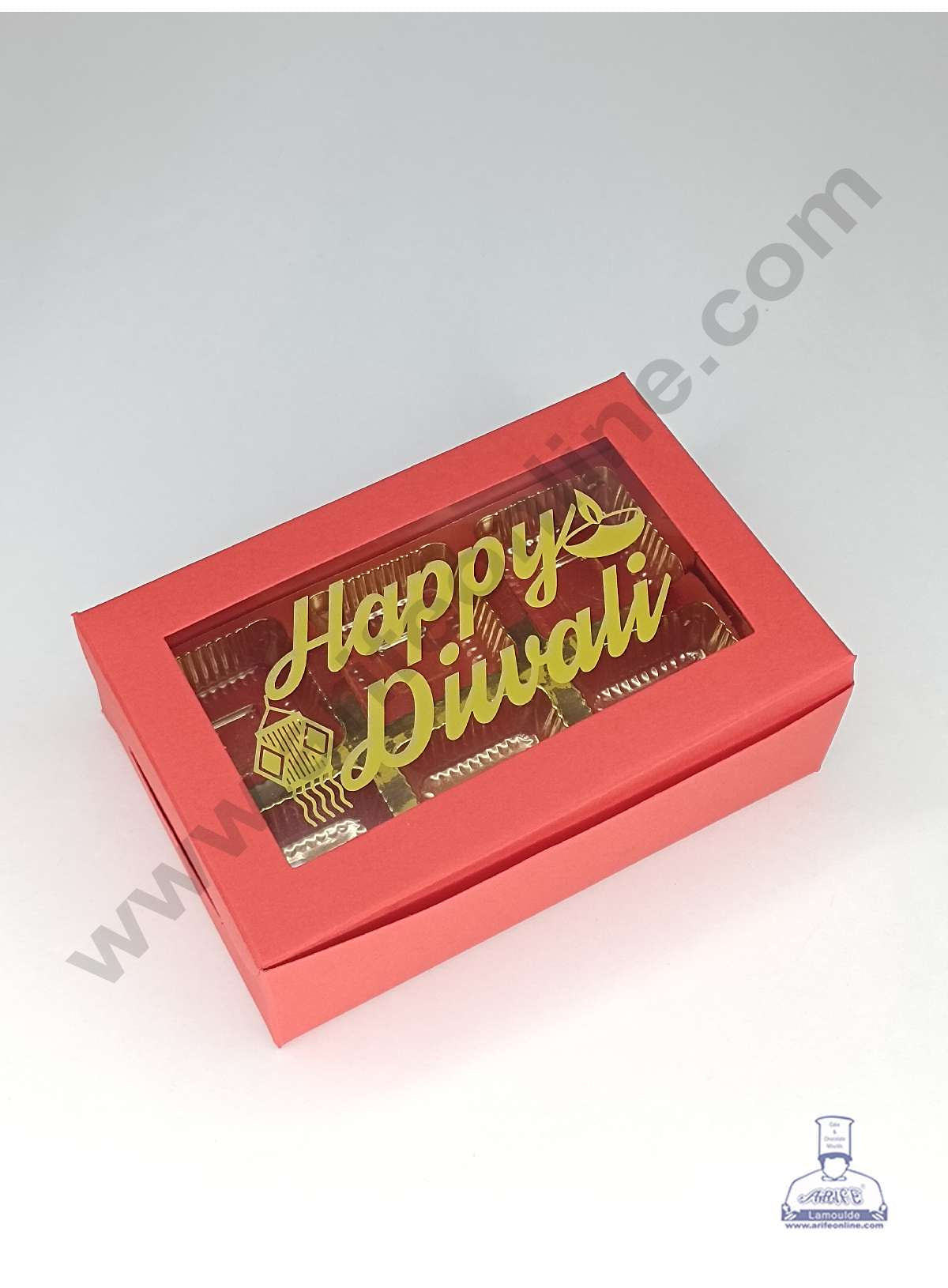 6 Cavity Orange Chocolate Box with Happy Diwali Print on Clear Window & Cavity ( 10 Piece Pack ) - Orange (MOQ 12 PACK) (OD)