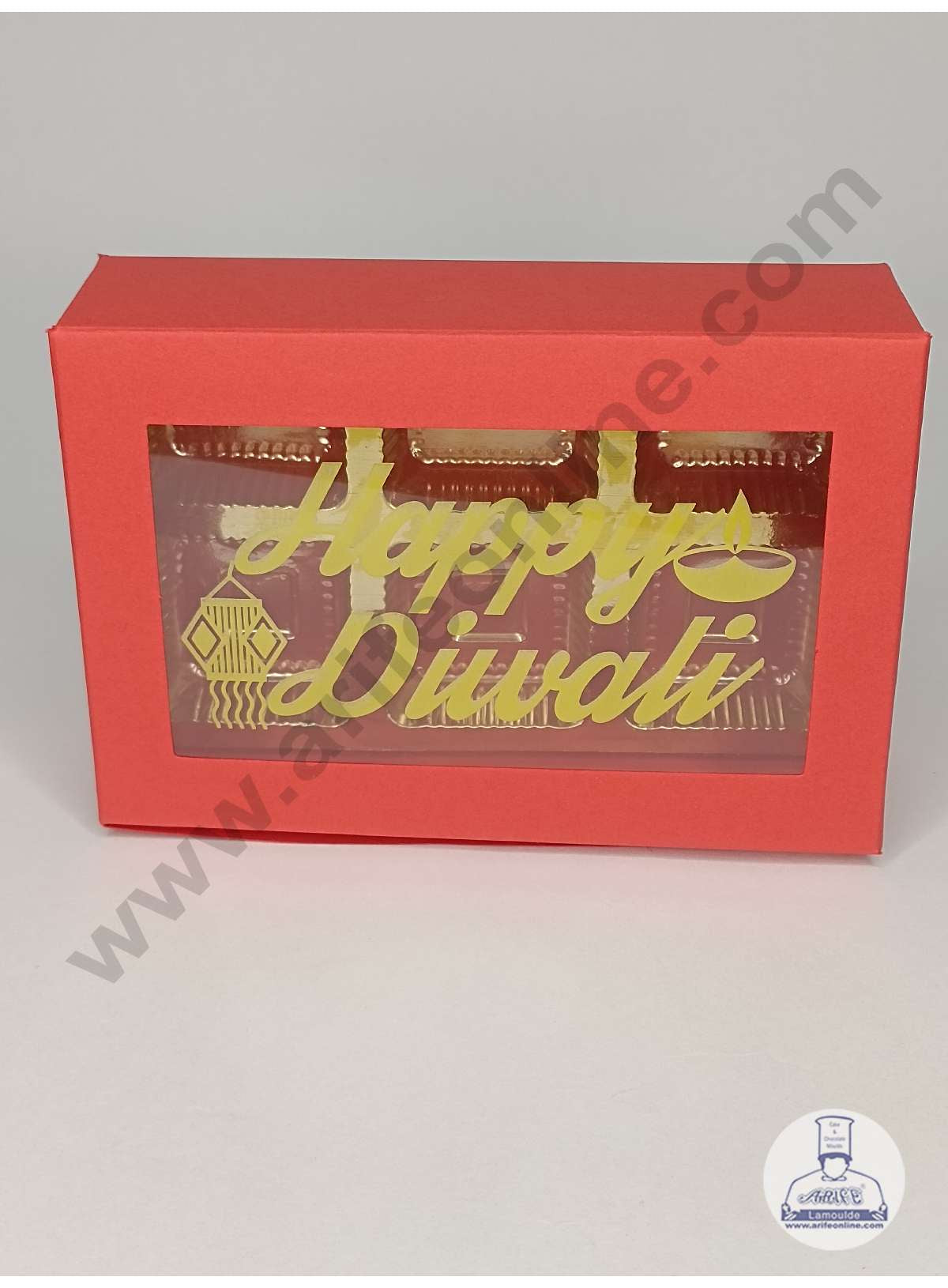 6 Cavity Orange Chocolate Box with Happy Diwali Print on Clear Window & Cavity ( 10 Piece Pack ) - Orange (MOQ 12 PACK) (OD)