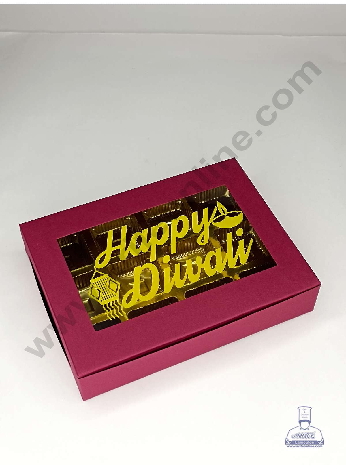 12 Cavity Maroon Chocolate Box with Happy Diwali Print on Clear Window & Cavity ( 10 Piece Pack ) - Maroon (MOQ 12 PACK) (ADD)