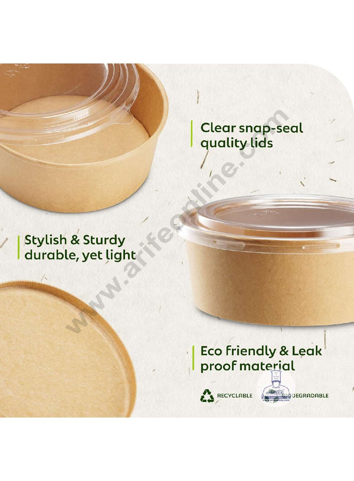 Kraft Paper Round Bowls with Lid | Disposable Salad Bowl - Top 7 Inch (MOQ 100 PCS)