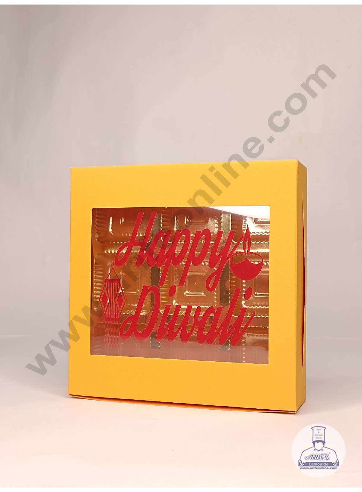 9 Cavity Mustard Orange Chocolate Box with Happy Diwali Print on Clear Window & Cavity ( 10 Piece Pack ) - Mustard Orange (MOQ 12 PACK) (UD)
