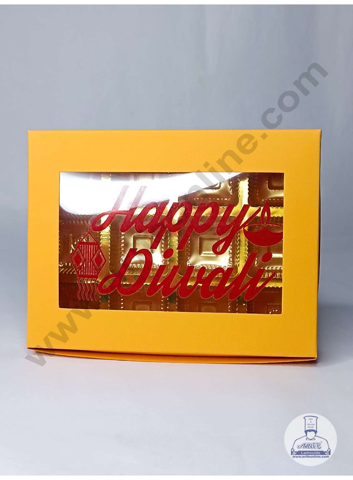 12 Cavity Mustard Orange Chocolate Box with Happy Diwali Print on Clear Window & Cavity ( 10 Piece Pack ) - Mustard Orange (MOQ 12 PACK) (ADD)