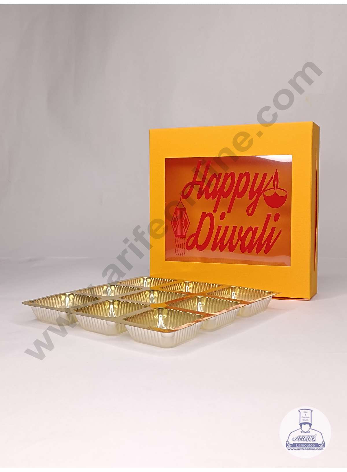 9 Cavity Mustard Orange Chocolate Box with Happy Diwali Print on Clear Window & Cavity ( 10 Piece Pack ) - Mustard Orange (MOQ 12 PACK) (UD)