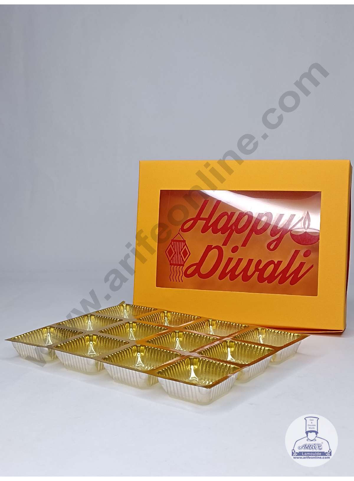 12 Cavity Mustard Orange Chocolate Box with Happy Diwali Print on Clear Window & Cavity ( 10 Piece Pack ) - Mustard Orange (MOQ 12 PACK) (ADD)