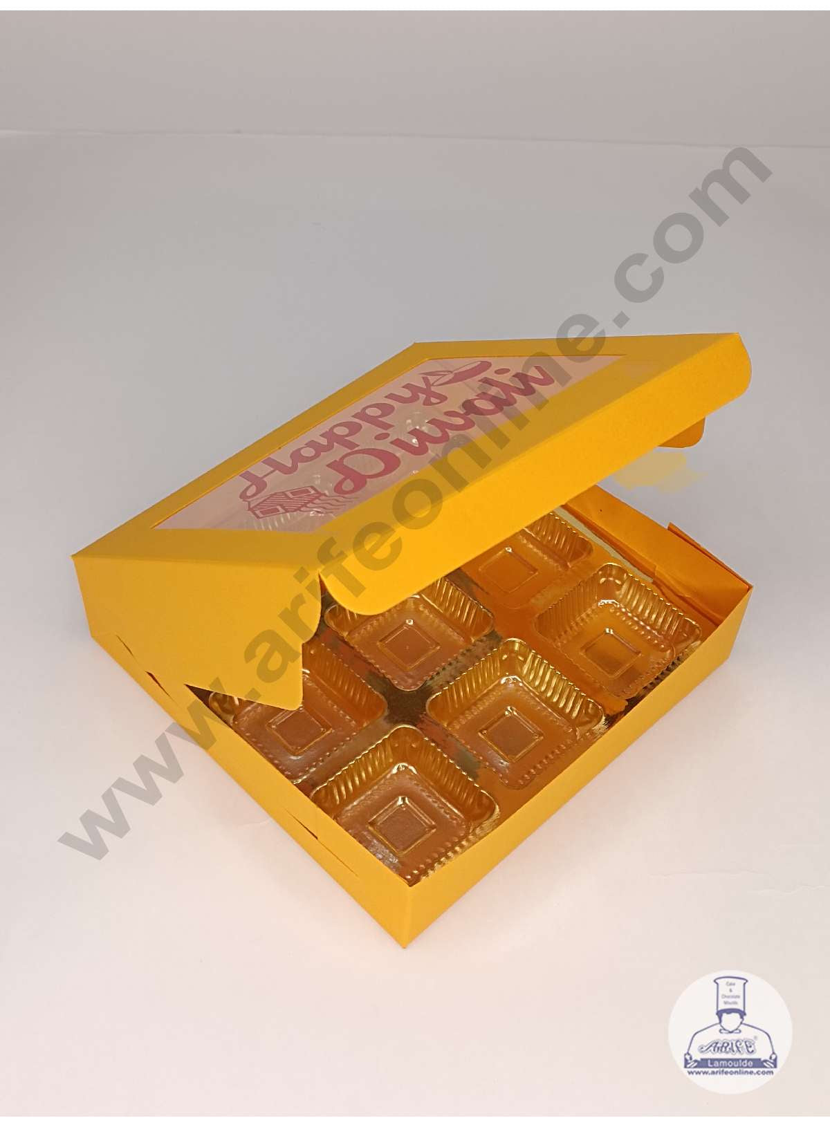 9 Cavity Mustard Orange Chocolate Box with Happy Diwali Print on Clear Window & Cavity ( 10 Piece Pack ) - Mustard Orange (MOQ 12 PACK) (UD)
