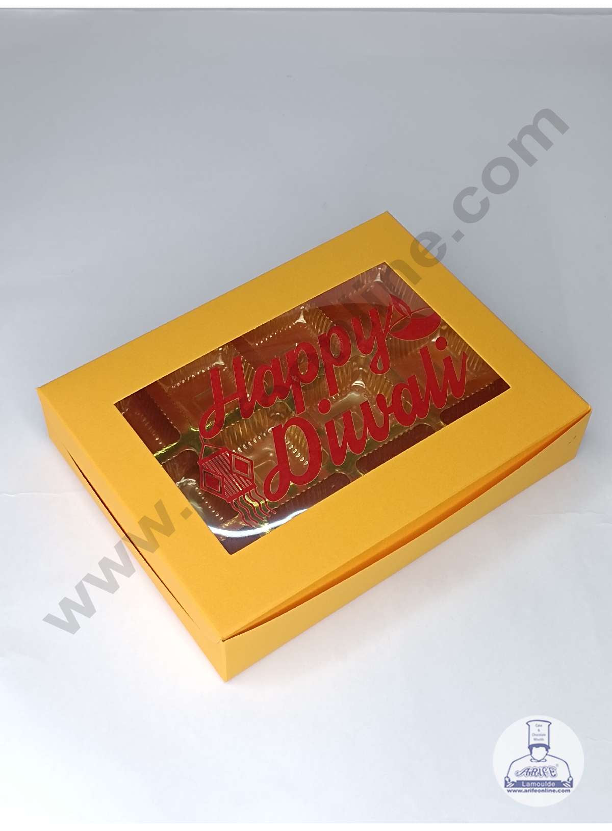 12 Cavity Mustard Orange Chocolate Box with Happy Diwali Print on Clear Window & Cavity ( 10 Piece Pack ) - Mustard Orange (MOQ 12 PACK) (ADD)