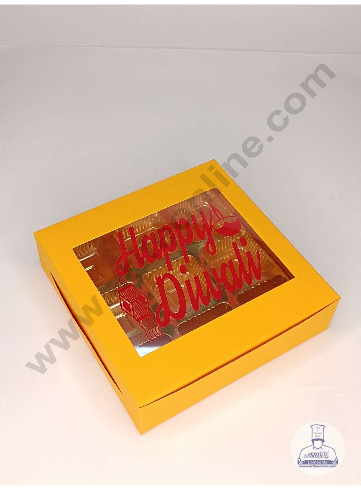 9 Cavity Mustard Orange Chocolate Box with Happy Diwali Print on Clear Window & Cavity ( 10 Piece Pack ) - Mustard Orange (MOQ 12 PACK) (UD)