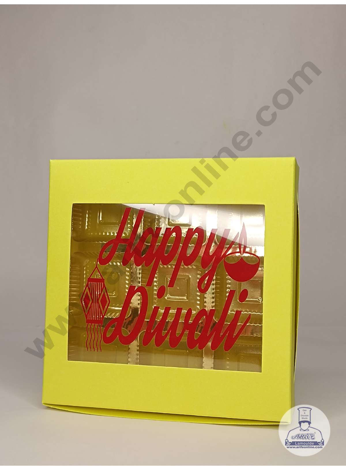 9 Cavity Neon Yellow Chocolate Box with Happy Diwali Print on Clear Window & Cavity ( 10 Piece Pack ) - Neon Yellow (MOQ 12 PACK) (UD)