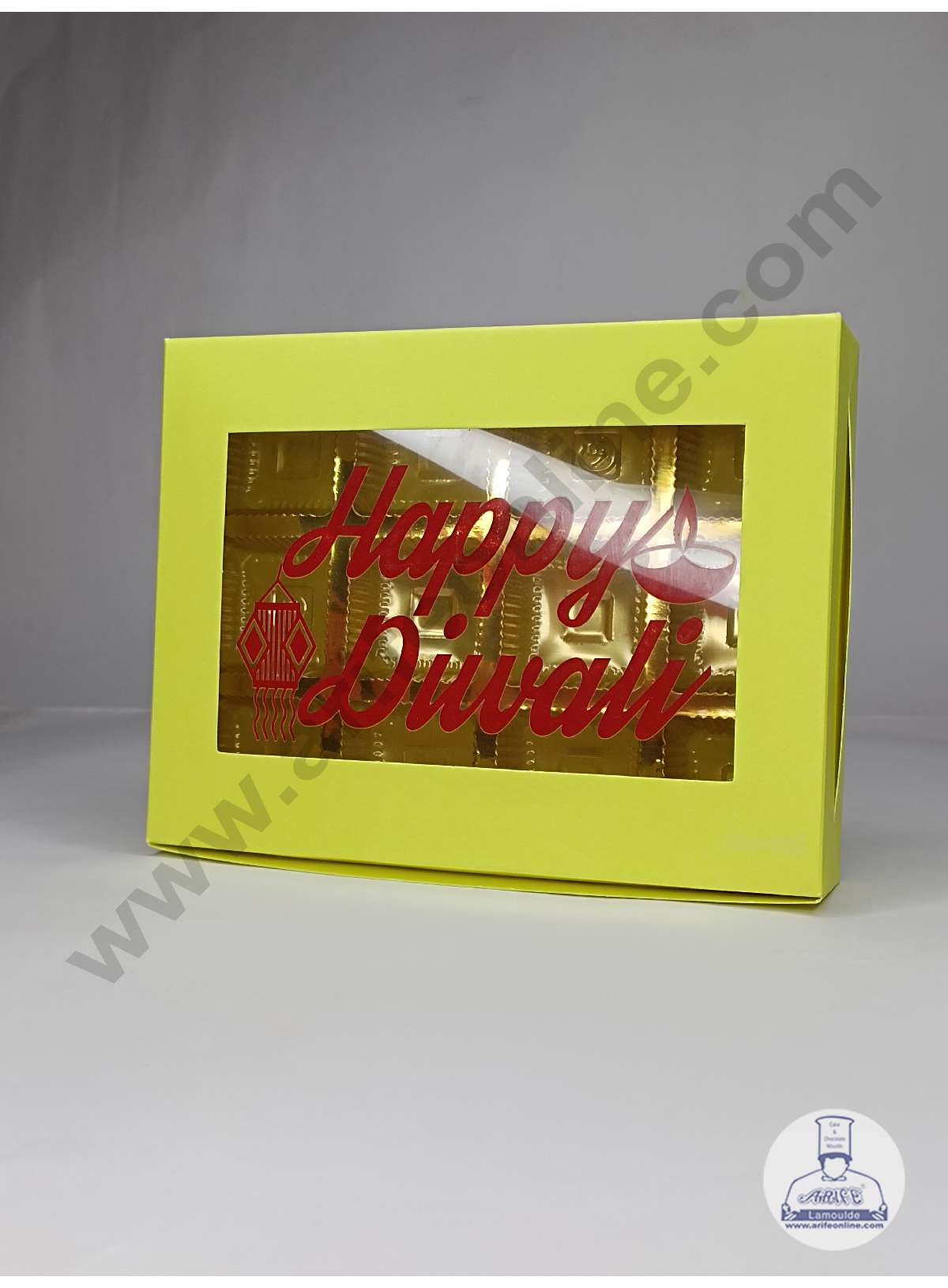 12 Cavity Neon Yellow Chocolate Box with Happy Diwali Print on Clear Window & Cavity ( 10 Piece Pack ) - Neon Yellow (MOQ 12 PACK) (ADD)
