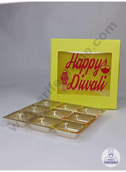 9 Cavity Neon Yellow Chocolate Box with Happy Diwali Print on Clear Window & Cavity ( 10 Piece Pack ) - Neon Yellow (MOQ 12 PACK) (UD)