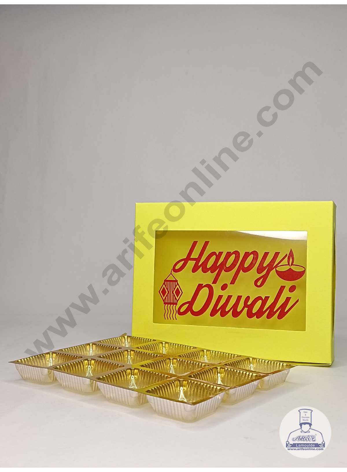 12 Cavity Neon Yellow Chocolate Box with Happy Diwali Print on Clear Window & Cavity ( 10 Piece Pack ) - Neon Yellow (MOQ 12 PACK) (ADD)