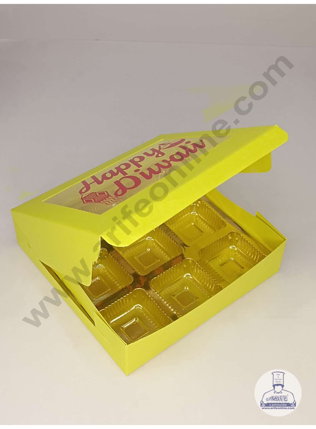 9 Cavity Neon Yellow Chocolate Box with Happy Diwali Print on Clear Window & Cavity ( 10 Piece Pack ) - Neon Yellow (MOQ 12 PACK) (UD)
