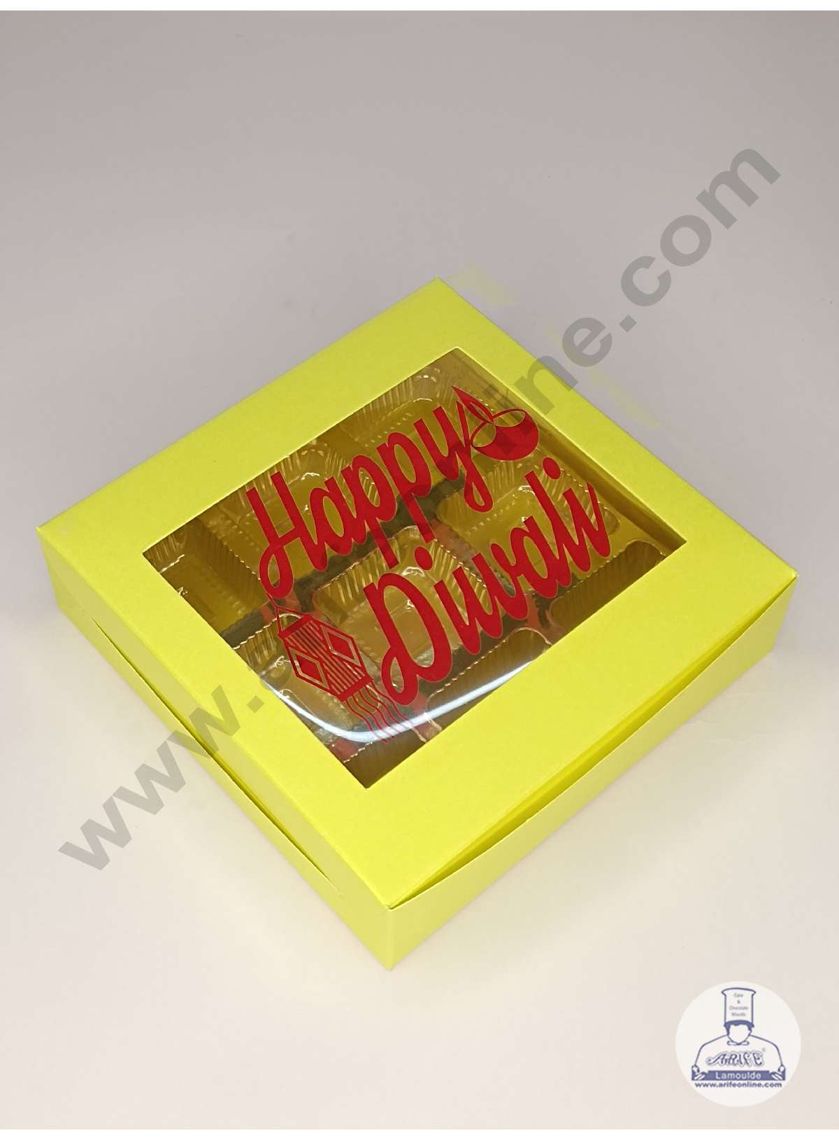 9 Cavity Neon Yellow Chocolate Box with Happy Diwali Print on Clear Window & Cavity ( 10 Piece Pack ) - Neon Yellow (MOQ 12 PACK) (UD)