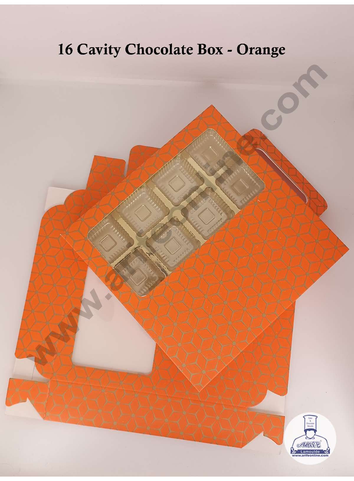 16 Cavity 3D Cube Print Chocolate Box with Cavity, Clear Window & Handle ( 10 Piece Pack ) - Orange (MOQ 12 PACK) (RDD)