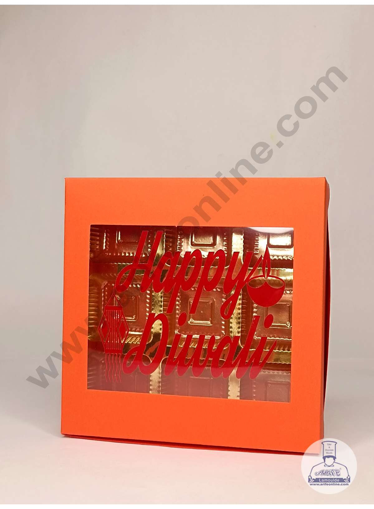 9 Cavity Orange Chocolate Box with Happy Diwali Print on Clear Window & Cavity ( 10 Piece Pack ) - Orange (MOQ 12 PACK) (UD)