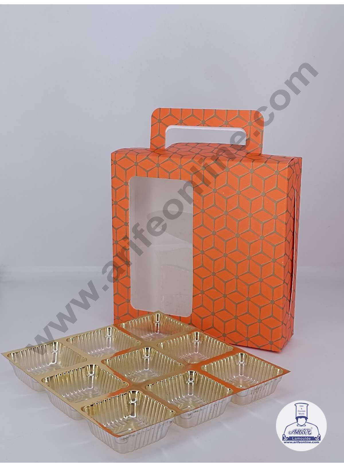 9 Cavity 3D Cube Print Chocolate Box with Cavity, Clear Window & Handle ( 10 Piece Pack ) - Orange (MOQ 12 PACK) (ARD)